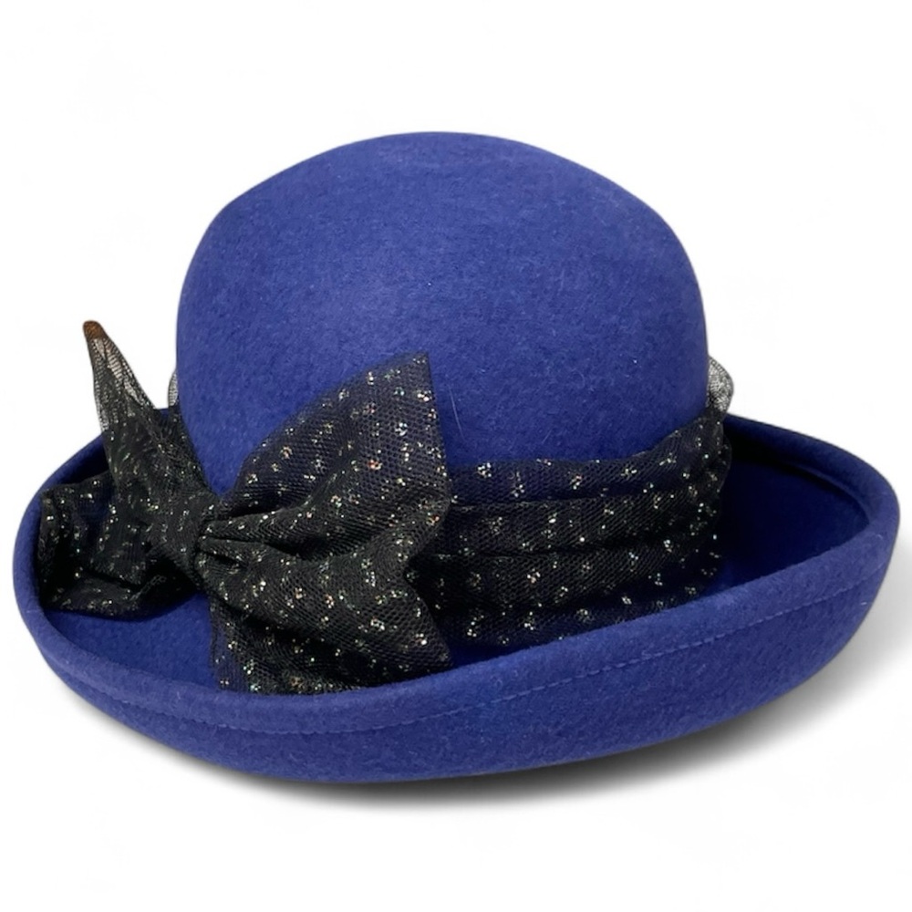 Bollman Hat Co Vtg 90s Navy Wool Felt Rolled Tilt Brim Hat Made In USA Mesh Bow